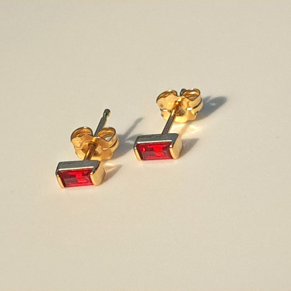 Lab-created Red Ruby Baguette Earrings, channel-set in 14k gold